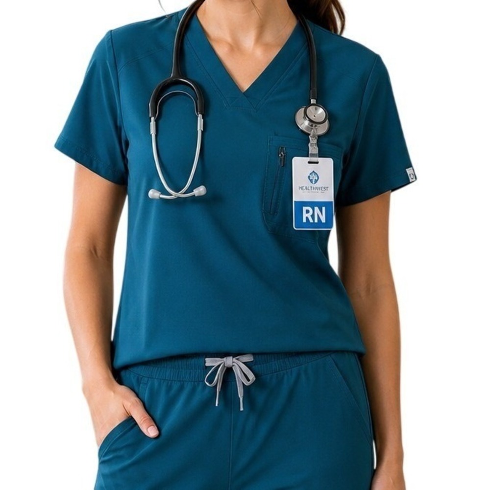 Infinity by Cherokee Scrub Top Women‎ Large Teal V-Neck Zip Pocket Stretch